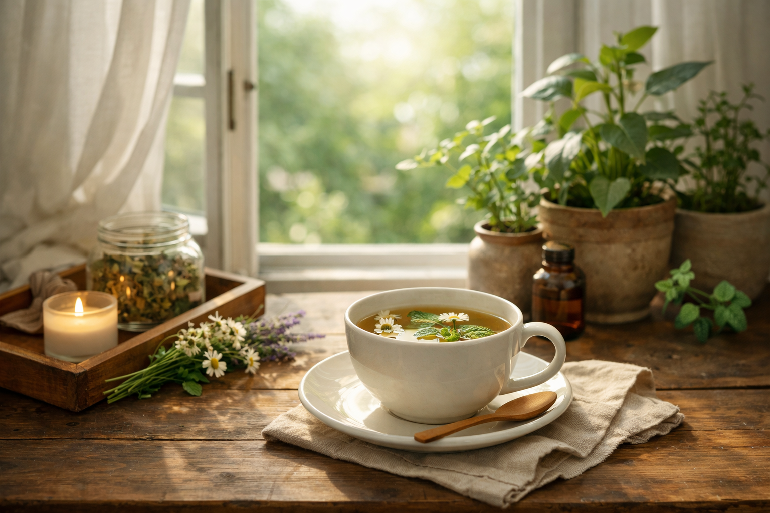 Peaceful morning routine with open window, soft natural light, cup of herbal tea on wooden table, plants in background, calm wellness atmosphere