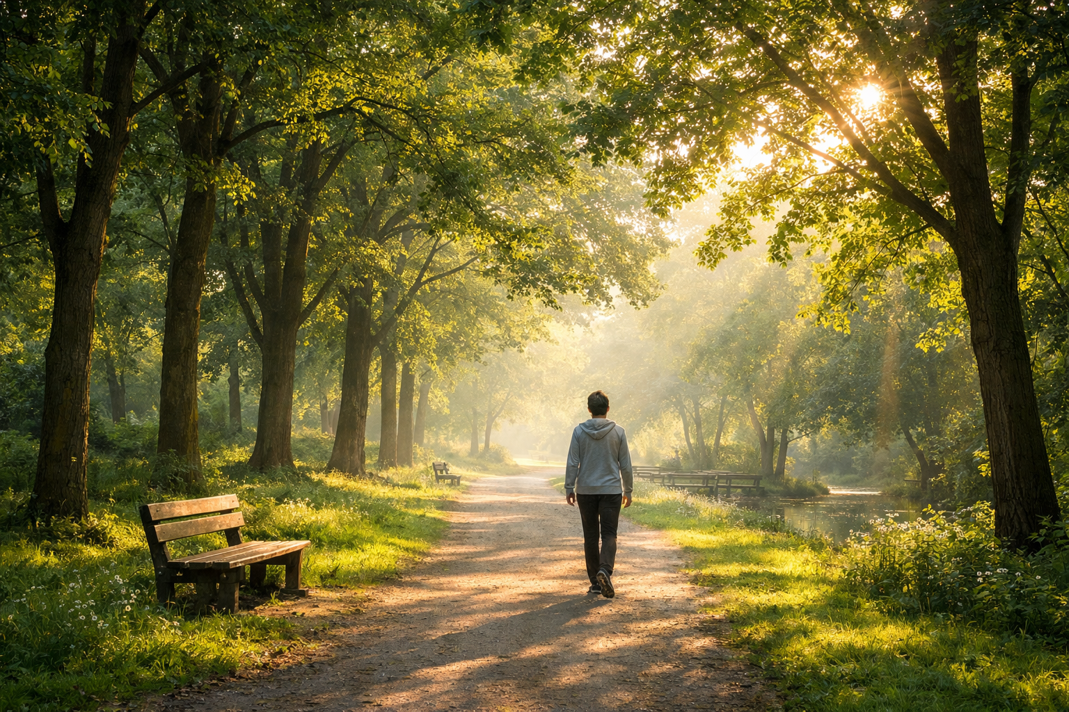 Person walking in peaceful park setting, tree-lined path, soft morning light filtering through leaves, calm nature environment promoting wellness and clarity